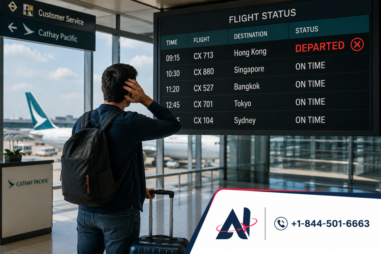 Traveler at an airport terminal looking at a departure board showing a Cathay Pacific flight marked as "Departed." The image highlights missed flight assistance and customer support options with a travel help contact number.