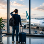 Missed Cathay Pacific flight assistance guide showing a traveler at the airport after missing a flight and seeking rebooking options under Cathay Pacific's missed flight policy.