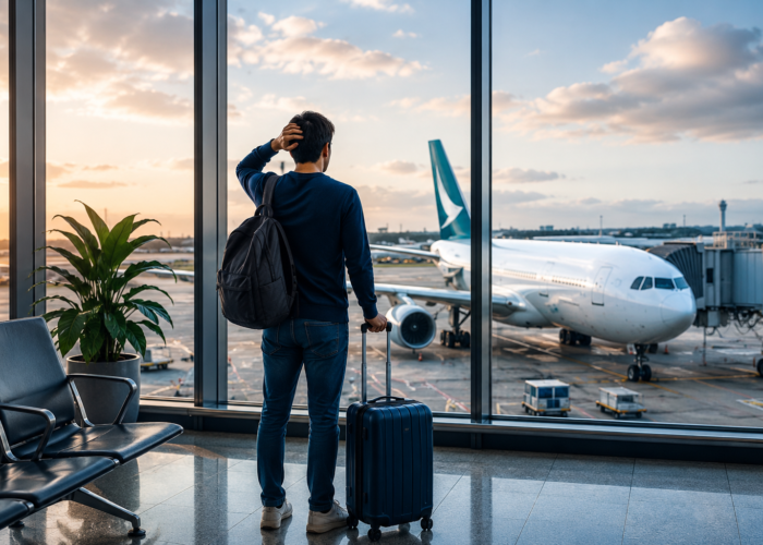 Missed Cathay Pacific flight assistance guide showing a traveler at the airport after missing a flight and seeking rebooking options under Cathay Pacific's missed flight policy.